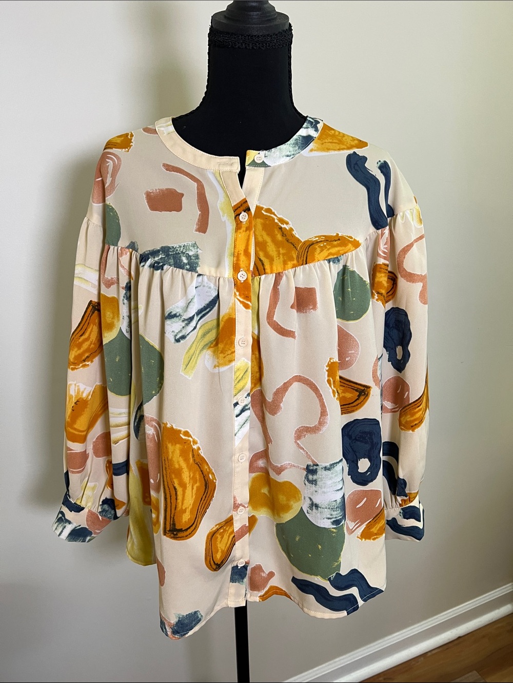 entro Cream Button-Front Blouse with Abstract Multi-Color Print
